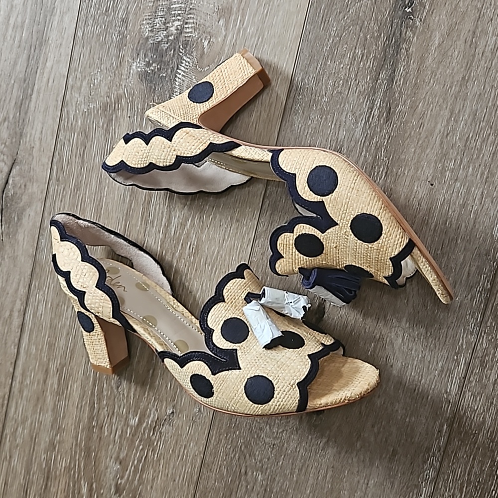 Boden Beige Tan Raffia Block Heel Sandals with Black Trim & Dots